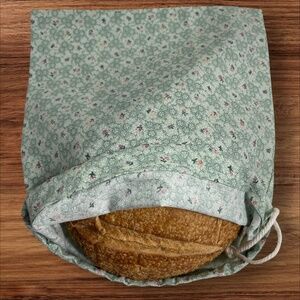Green Floral Cotton Linen Organic Bread Bag, Reusable Bread Storage Bag Gift Bag